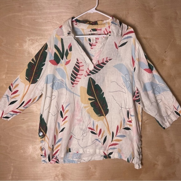 100% Linen blouse 2X  tropical leaf print beach vibes coastal Cynthia Rowley - Picture 1 of 8